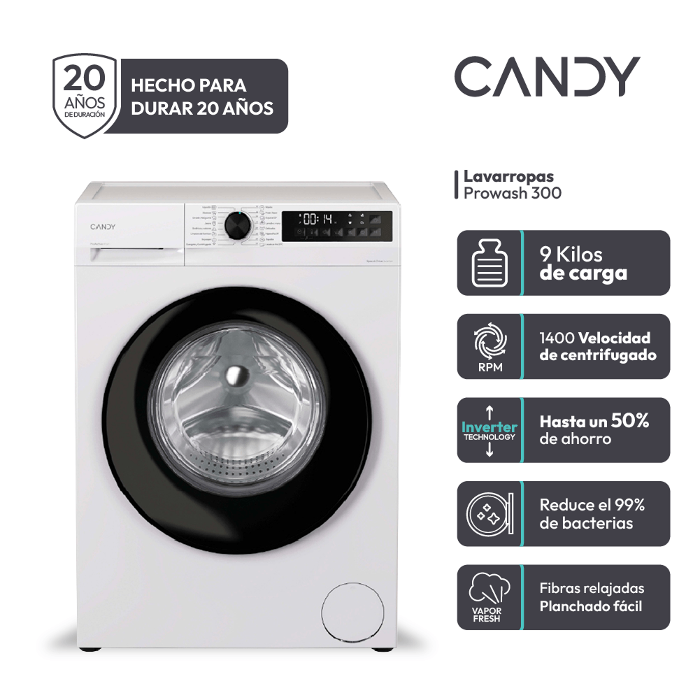 Lavarropas carga frontal Candy prowash inverter 9kg gd49b8 12 blanco